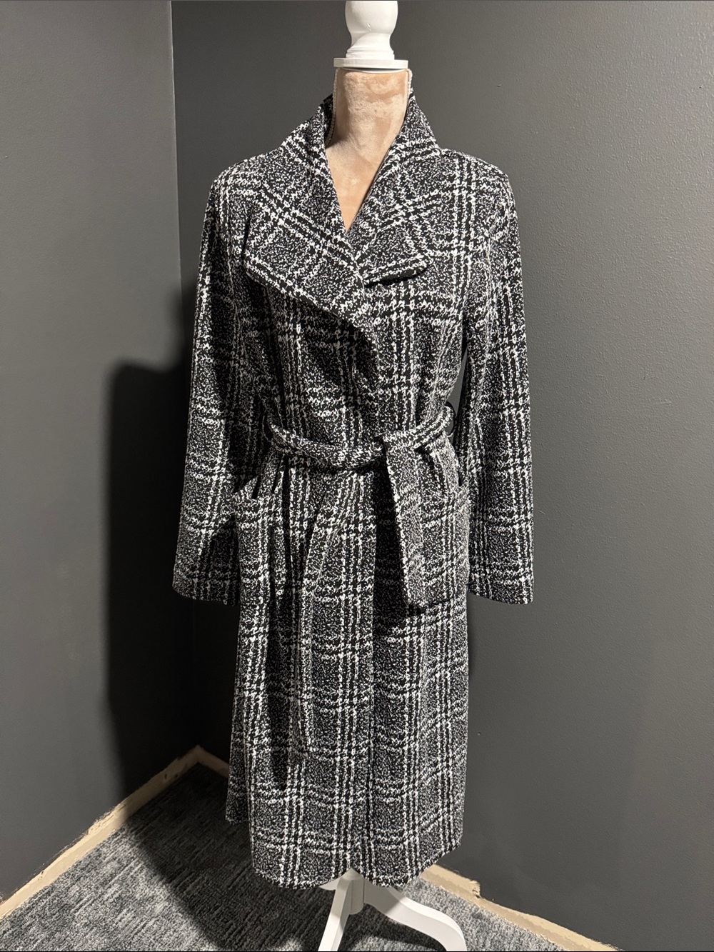 Stella Luce Black and White Plaid Belted Trench Coat